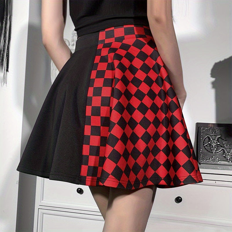 Chessboard Print Splicing Skirt, Gothic Ruched Punk Mini Skirt Without Belt, Women's Clothing