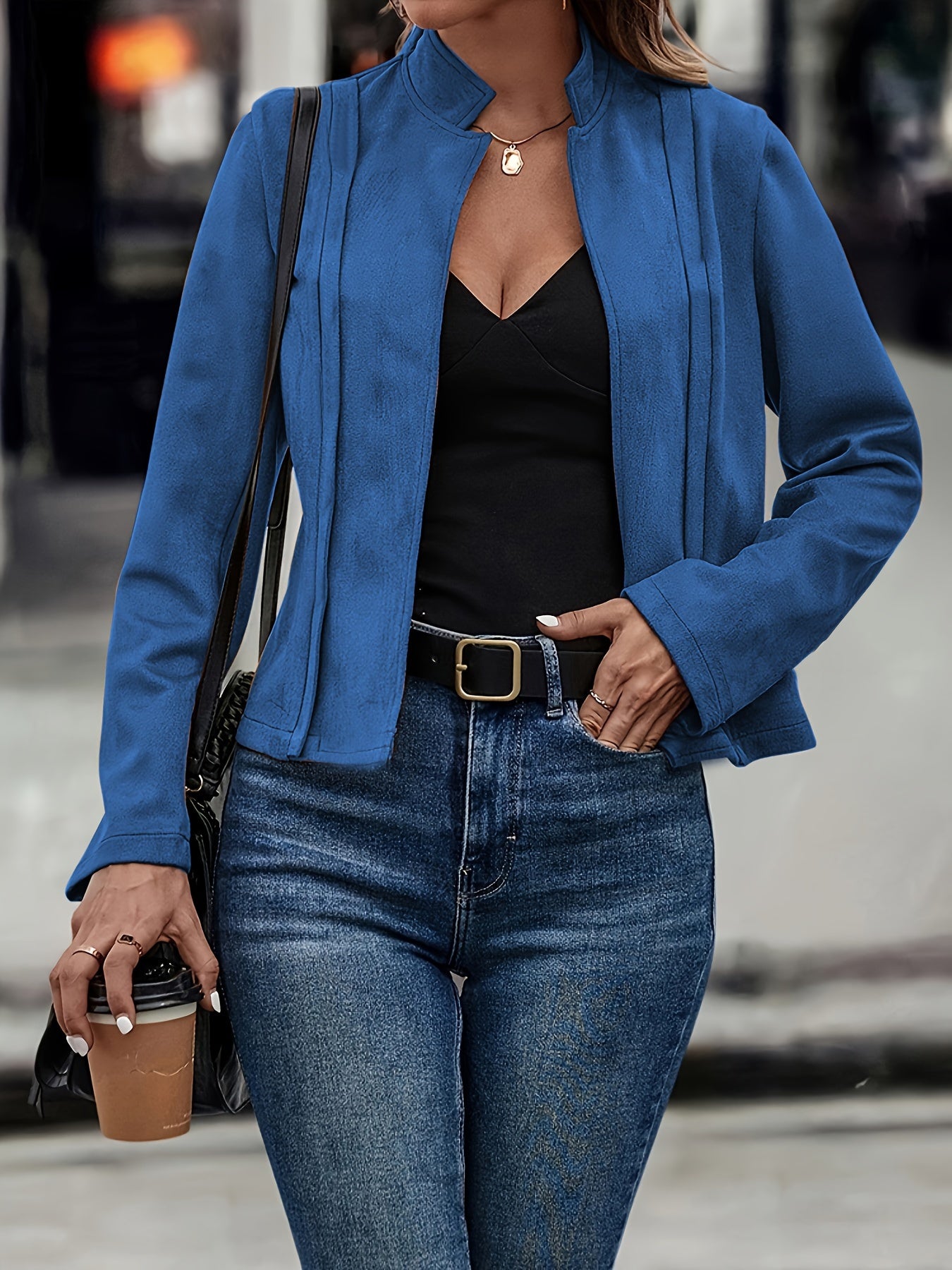 Chaqueta elegante de cuello alto y manga larga ajustada: diseño frontal abierto en color sólido suave, perfecta para la temporada de primavera y otoño, prenda elegante para mujer para uso diario