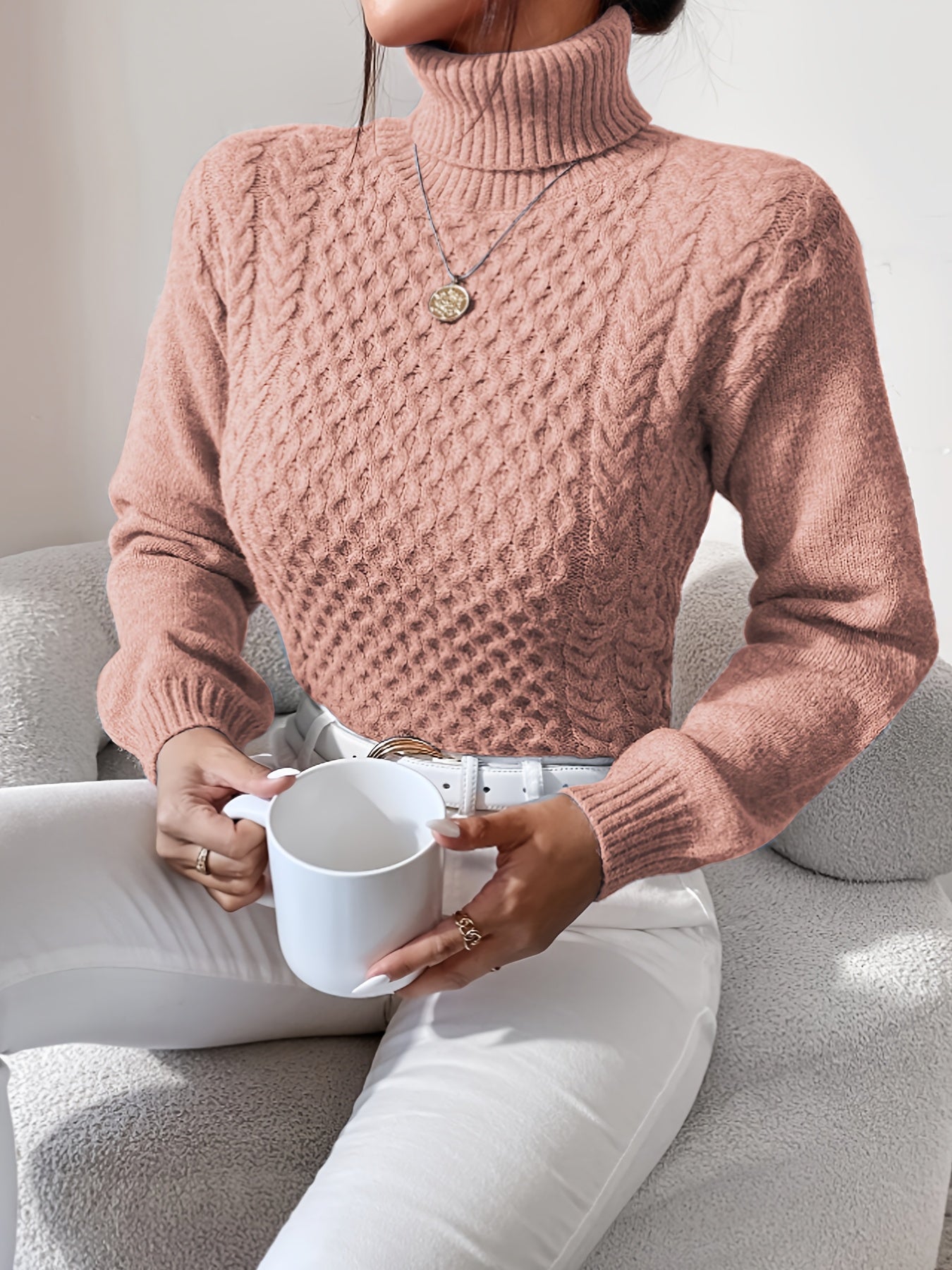 Suéter de manga larga de color sólido, suéter informal de cuello alto para invierno y otoño