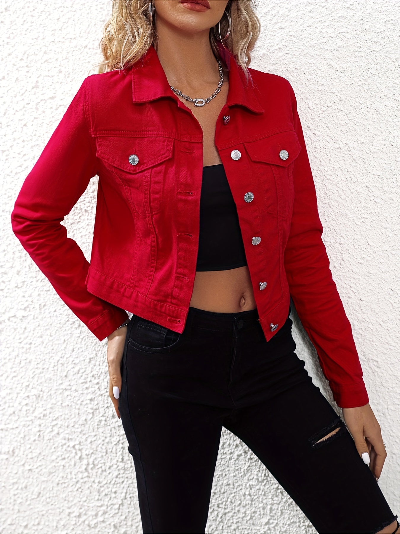 Womens Classic Slim Fit Red Denim Jacket