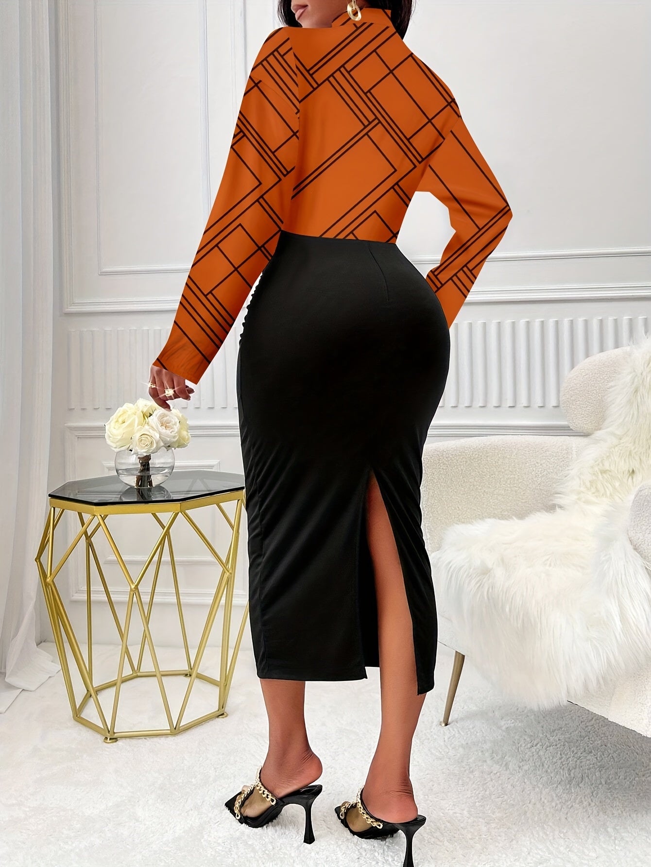 Vestido ajustado con dobladillo dividido y estampado geométrico, elegante vestido de cuello alto y manga larga, ropa de mujer