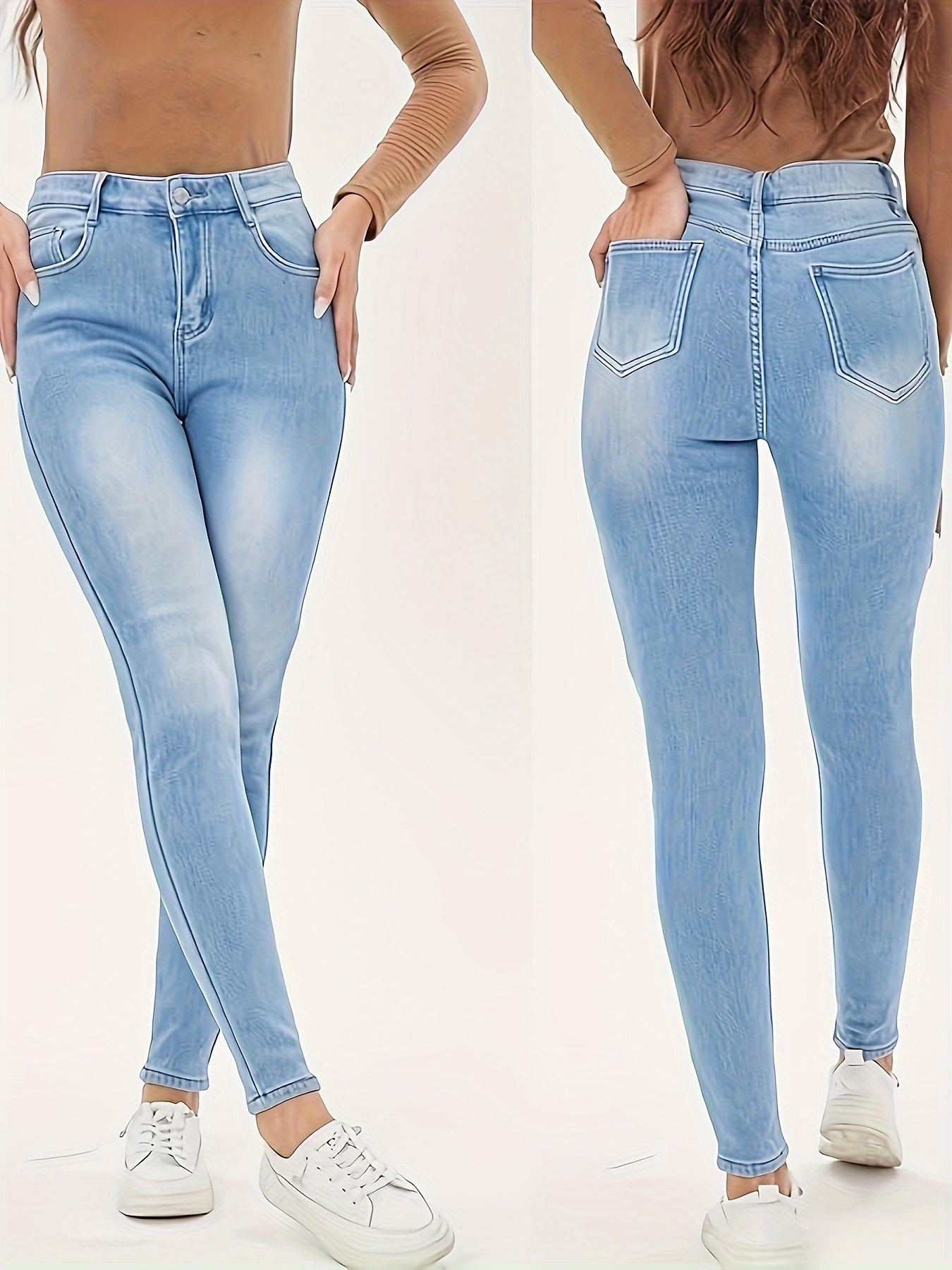 Womens Ultra-Warm Fleece Lined Skinny Jeans - High Waist, Soft Denim, Trendy Wash, Slant Pockets - Premium Winter Wardrobe Essential