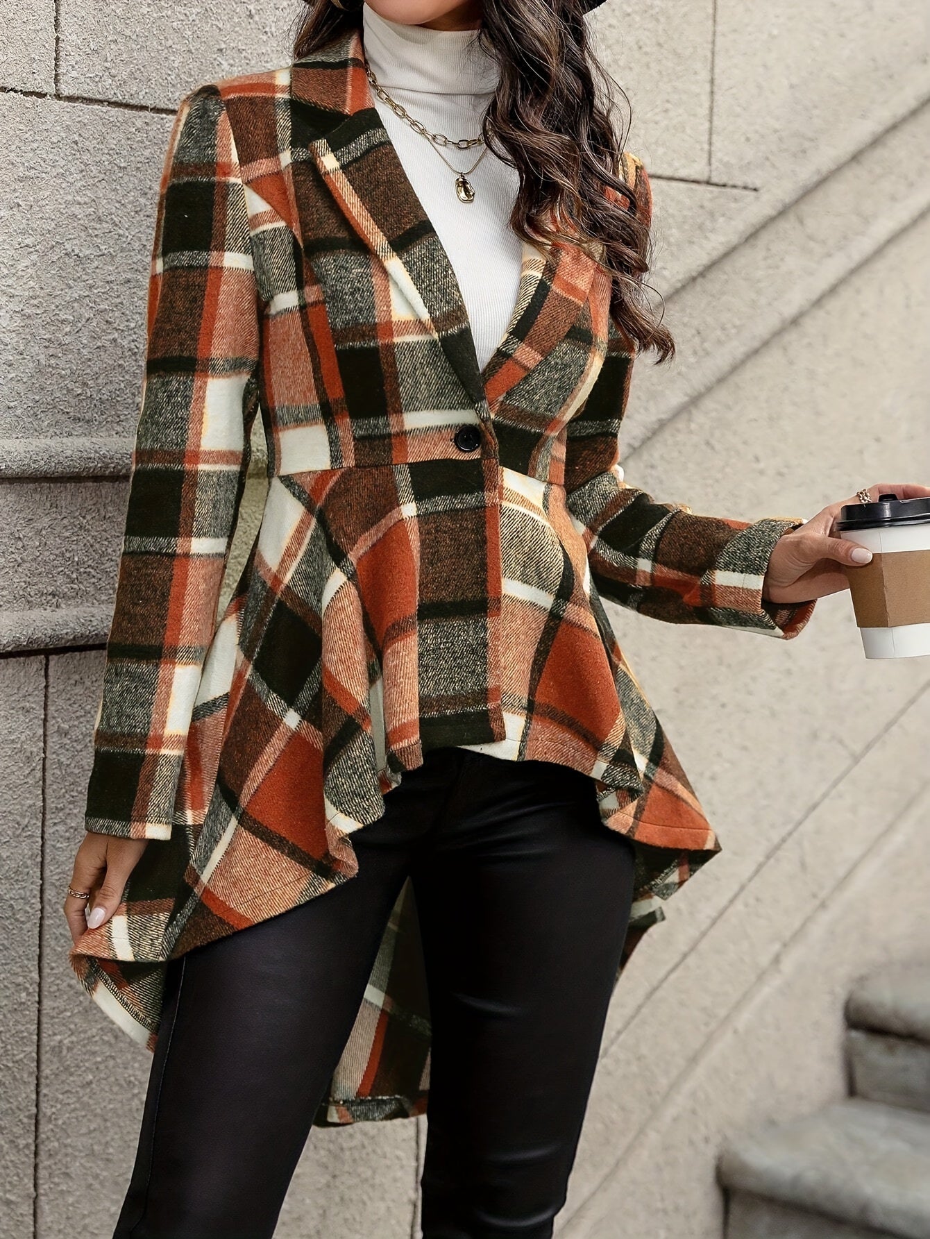 Stylish Plaid Flare Jacket - Elegant Long Sleeve High-Low Hem, Button Front, Fall & Winter Essential, Women's Fashion Clothing for Chic Style