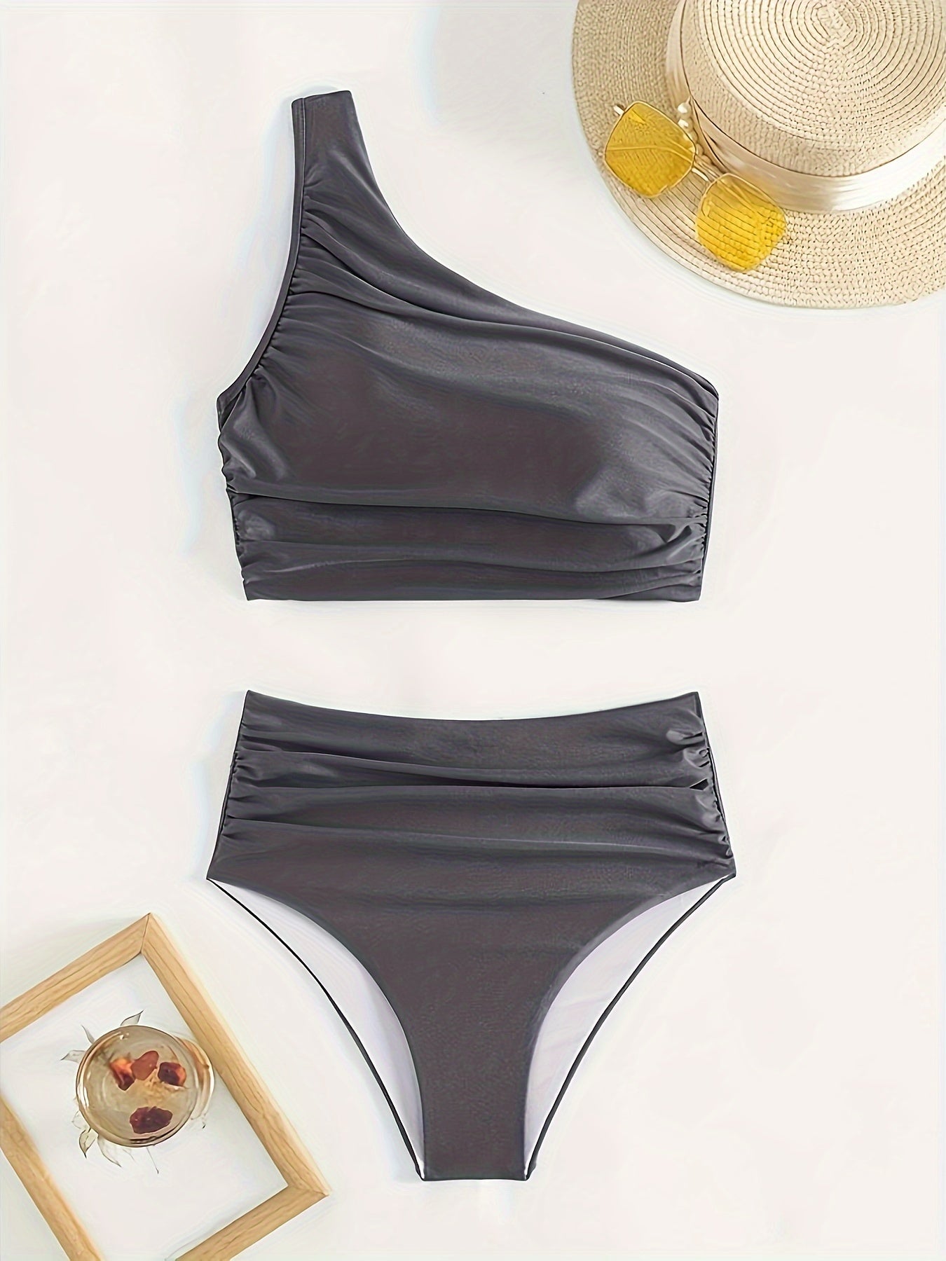 Women'S Sexy One-Shoulder Black Bikini Set - High Stretch Polyamide & Elastane, Solid Color Swimsuit with Frill Detail, Sleeveless, Swimwear Essentials | One Shoulder Bikini | Stretchy Fabric