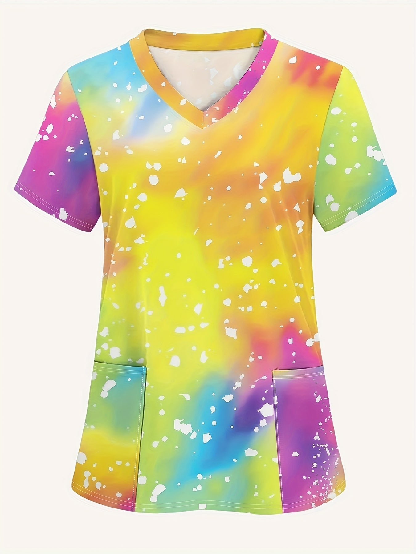Camiseta casual con escote en V y teñido anudado para mujer con bolsillos, tejido de punto 100 % poliéster, prenda superior ligera y transpirable para primavera, verano y otoño