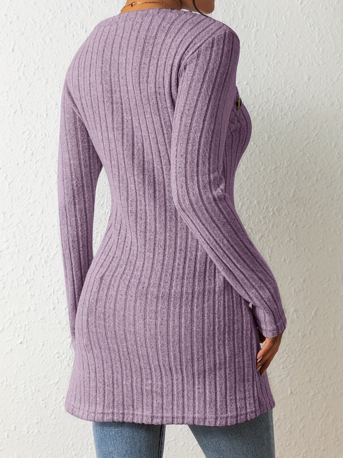 Chic Ribbed Long Sleeve Top with Unique Button Accent - Asymmetrical Hem - Perfect for Womens Spring & Fall Fashion