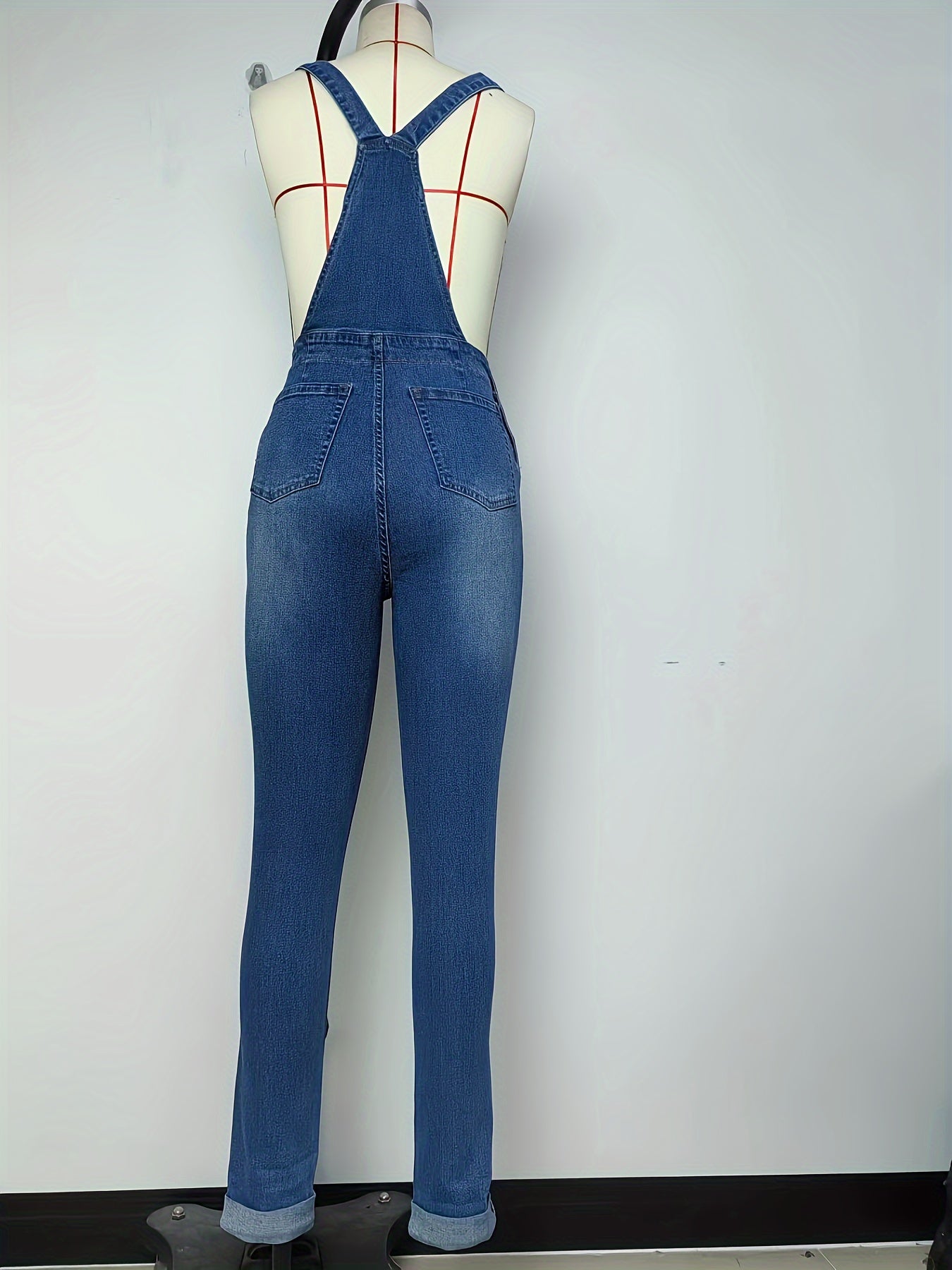Mono de mezclilla lavado azul medio versátil para mujer: tejido suave, cómodo y de alta elasticidad, diseño con dobladillo, largo largo, estilo informal preppy con ajuste ajustado, perfecto para uso diario
