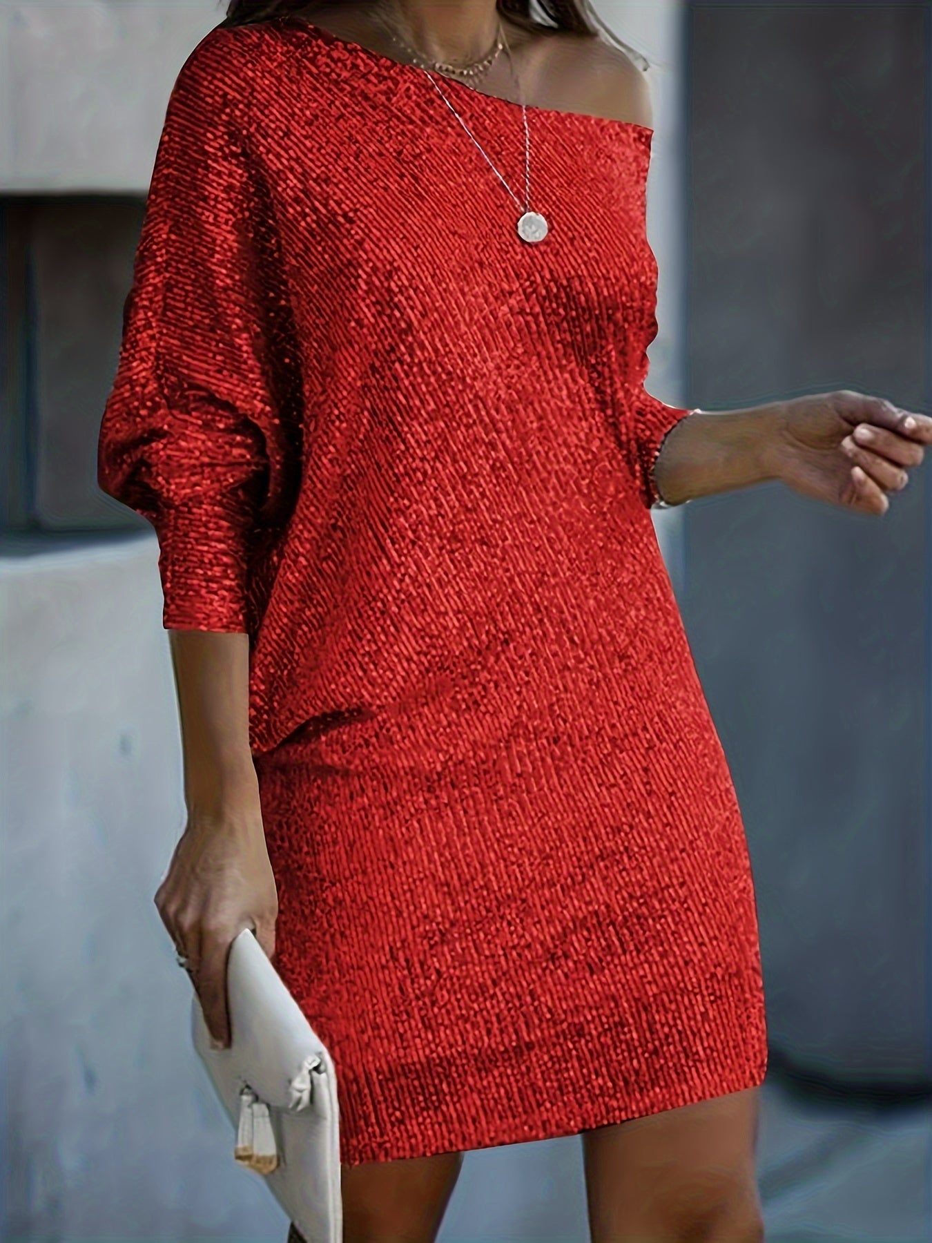 Vibrant Sequin Party Dress - Stylish V Neck, Long Sleeve, Solid Color, Women's Clothing for Glamorous Party Occasions and Special Events