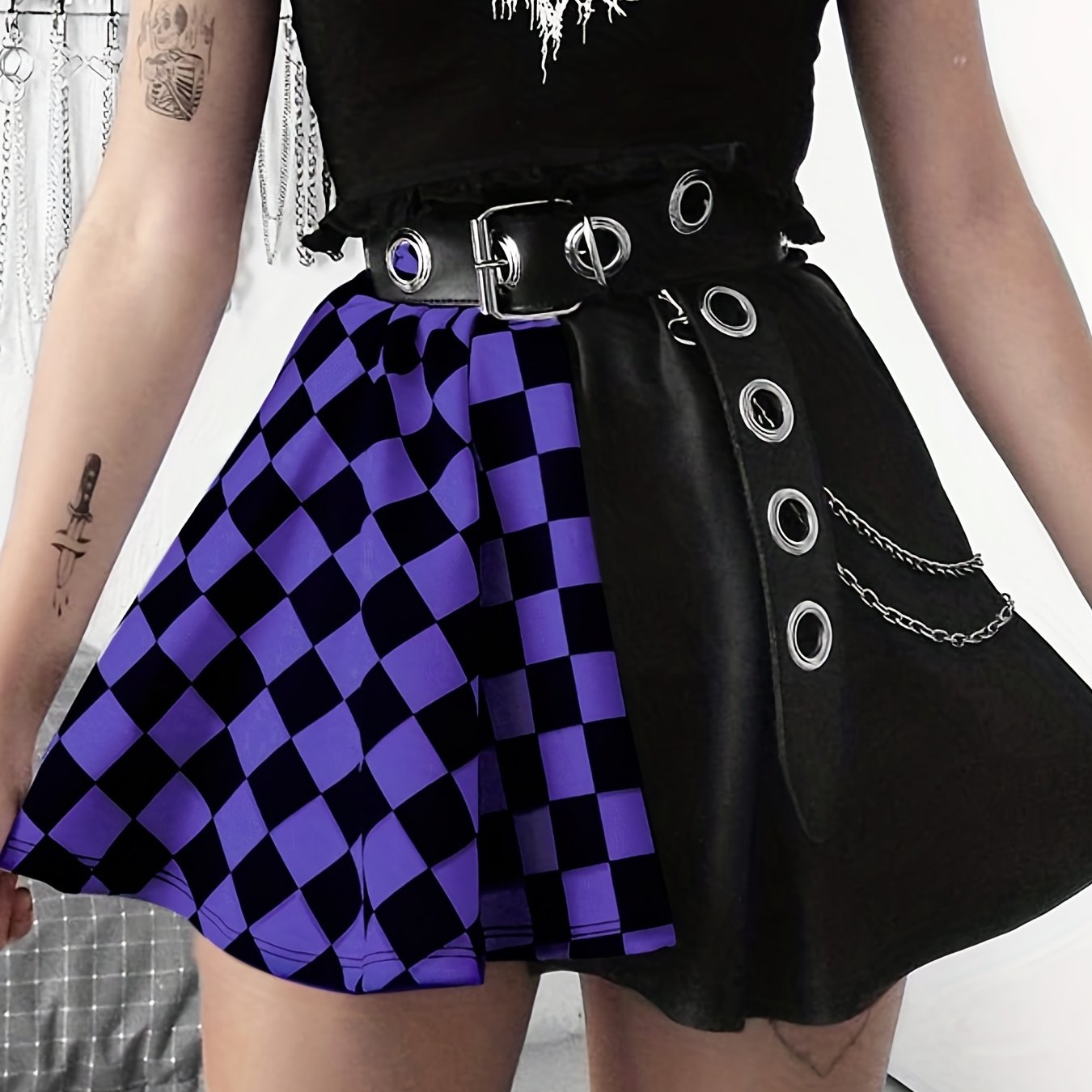 Chessboard Print Splicing Skirt, Gothic Ruched Punk Mini Skirt Without Belt, Women's Clothing