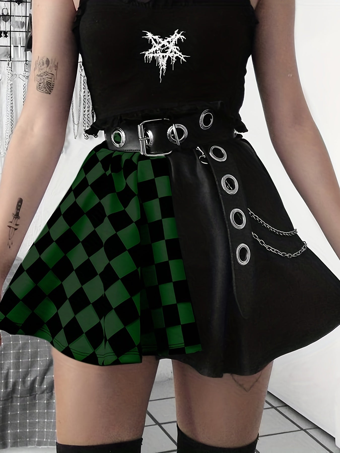 Chessboard Print Splicing Skirt, Gothic Ruched Punk Mini Skirt Without Belt, Women's Clothing