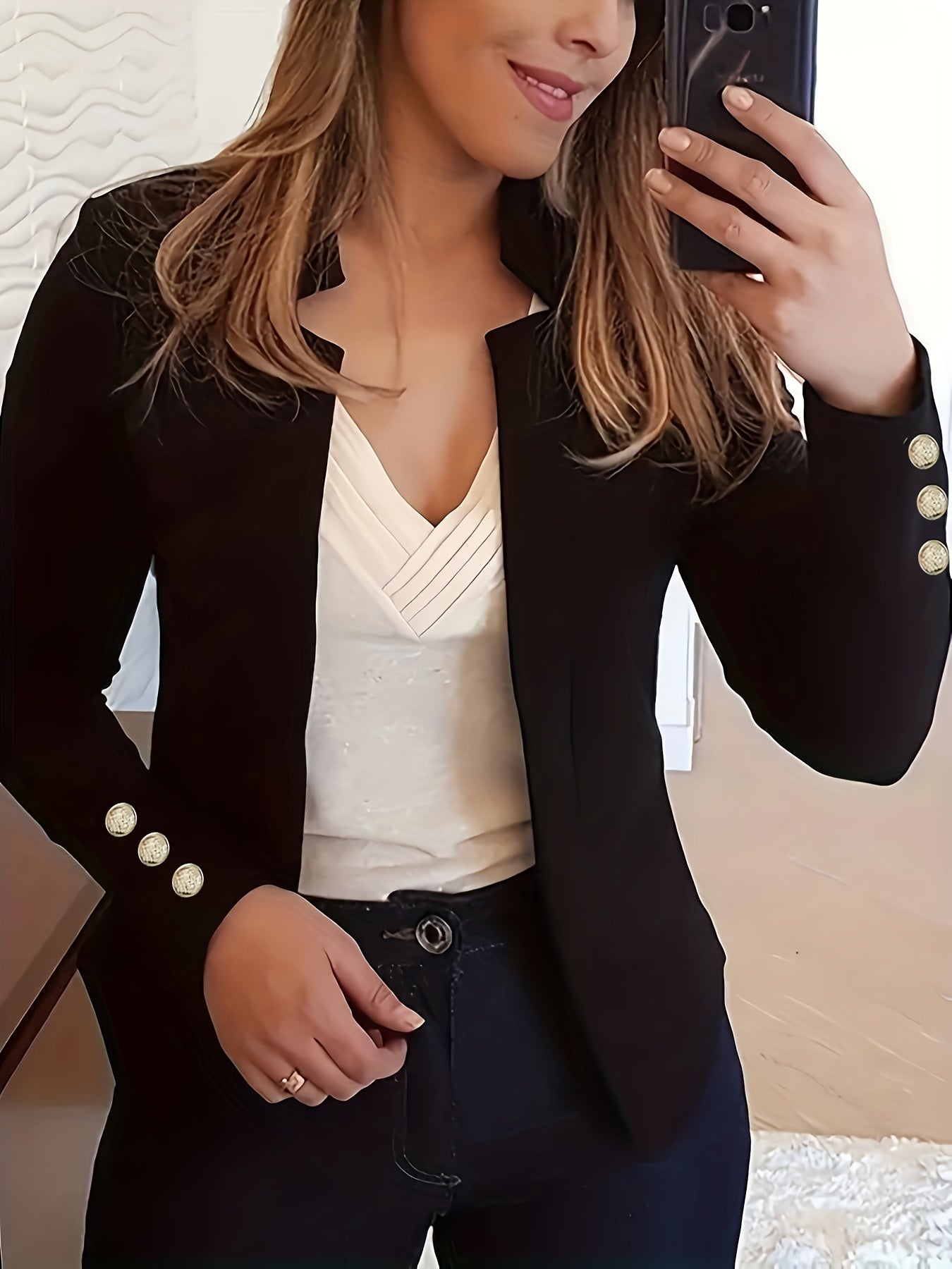 Stylish Solid Open Front Long Sleeve Button Blazer