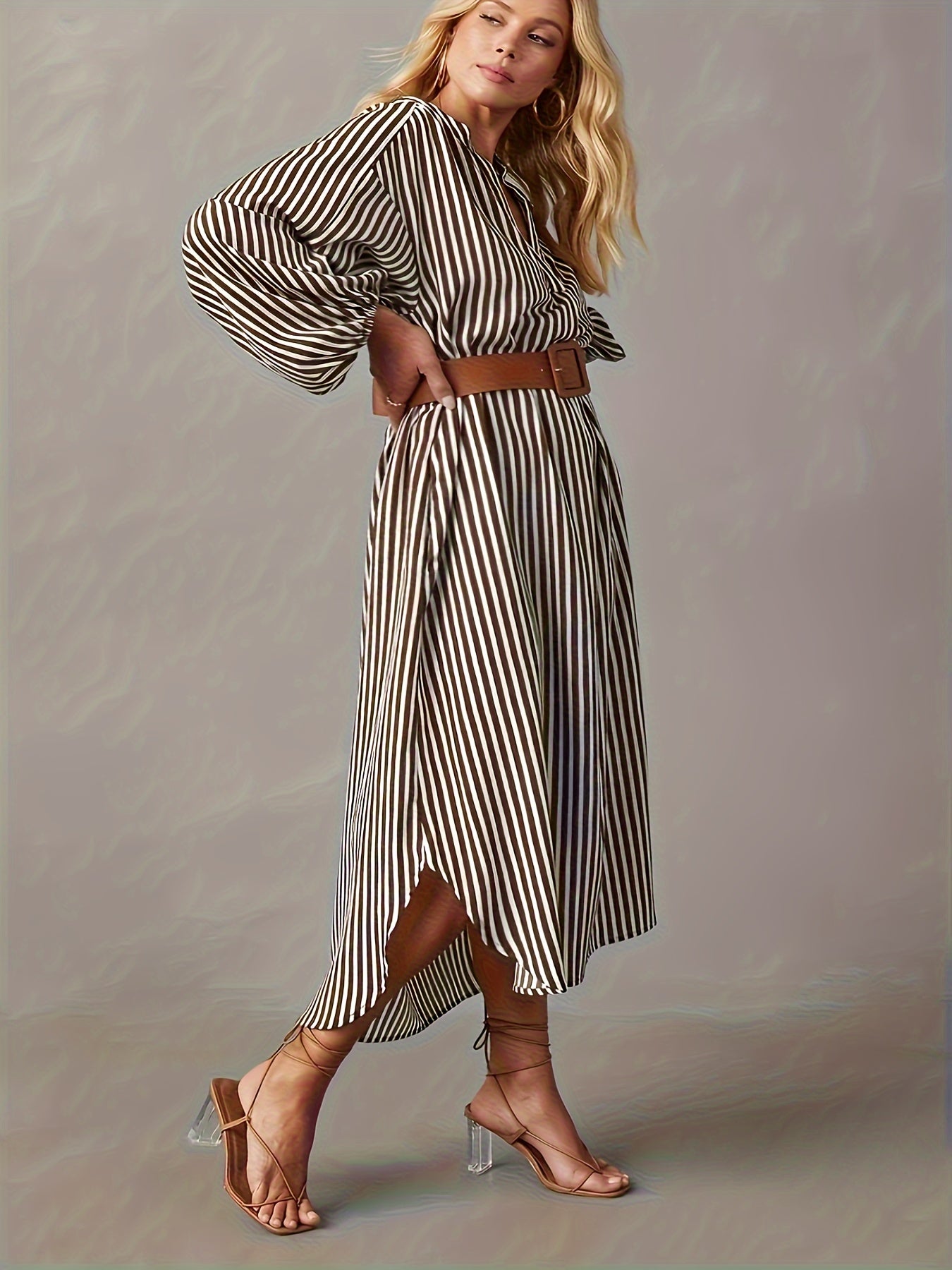 Plus Size Elegant Fitted Midi Dress - V-Neck Stripe Print Lantern Sleeve Linen Dress for Spring and Fall - Non-Stretch Woven Fabric with Random Printing