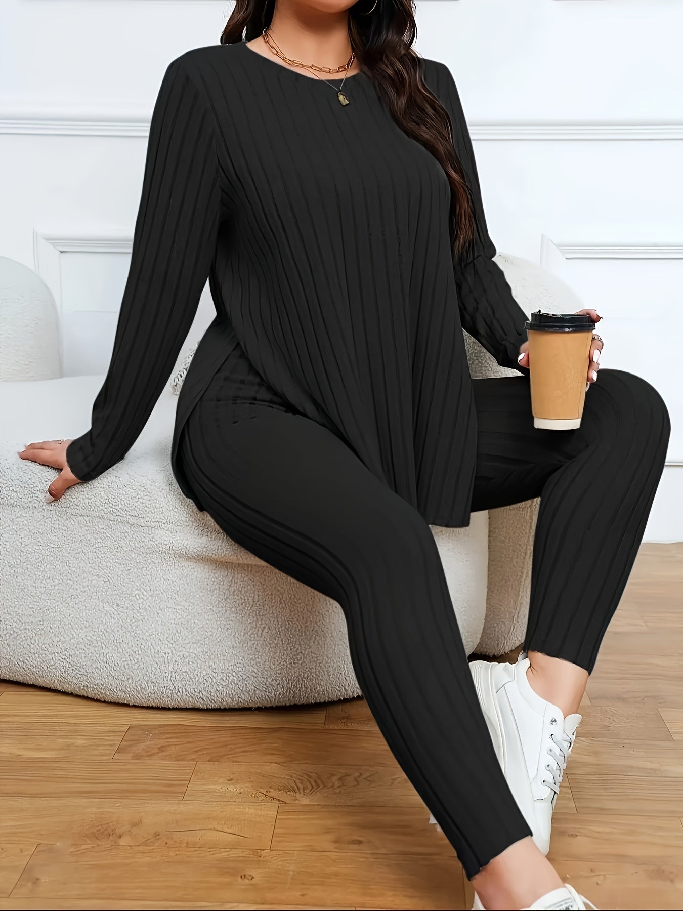 Plus Size Solid Ribbed Two-Piece Set - Soft Crew Neck Long Sleeve Split Top & Comfortable Pants Outfit
