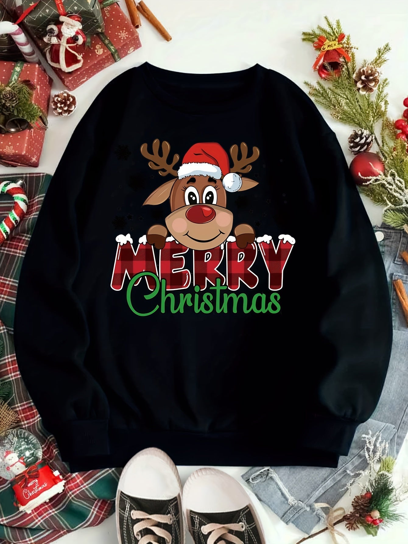 Cozy Festive Reindeer Sweatshirt - Soft 100% Polyester Knit Fabric, Vibrant Cartoon Print Design, Long Sleeve Pullover for Fall/Winter, Casual Crew Neck Style, Perfect for Holiday Parties and Gift Giving