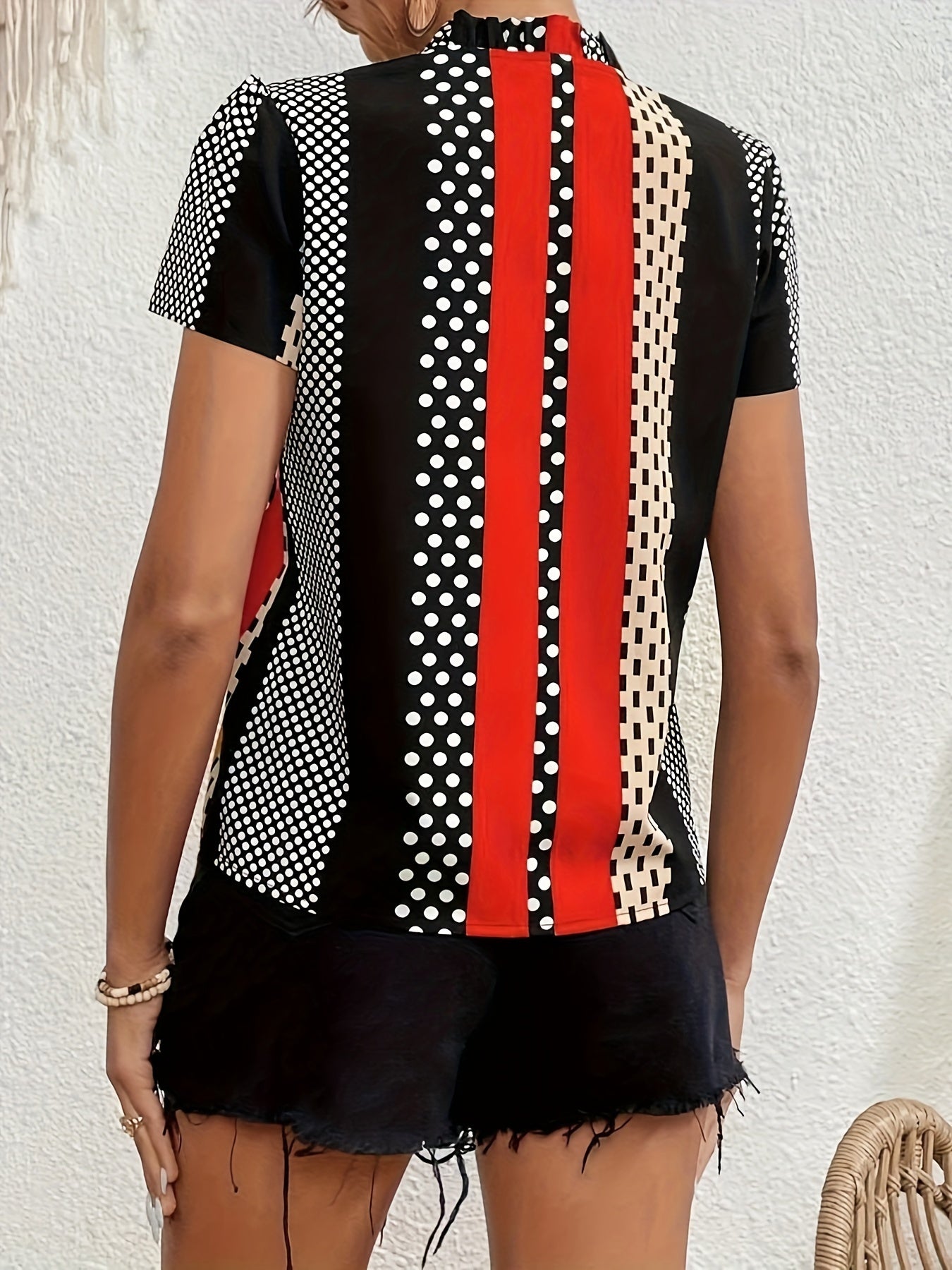 Blusa con cuello entallado y estampado de rayas, blusa informal de manga corta para primavera y verano, ropa de mujer