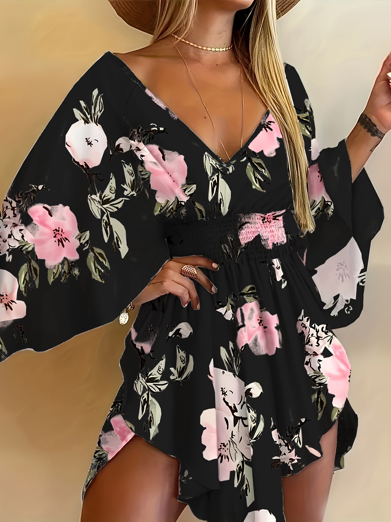 Plus Size Elegant Floral Print V-Neck Shirred Waist Dress - Flowy Irregular Hem, Comfortable and Breathable, Perfect for Spring and Summer, Womens Plus Size Clothing for Outdoor and Casual Occasions