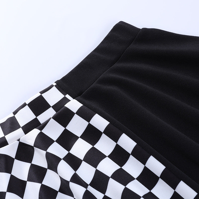Chessboard Print Splicing Skirt, Gothic Ruched Punk Mini Skirt Without Belt, Women's Clothing