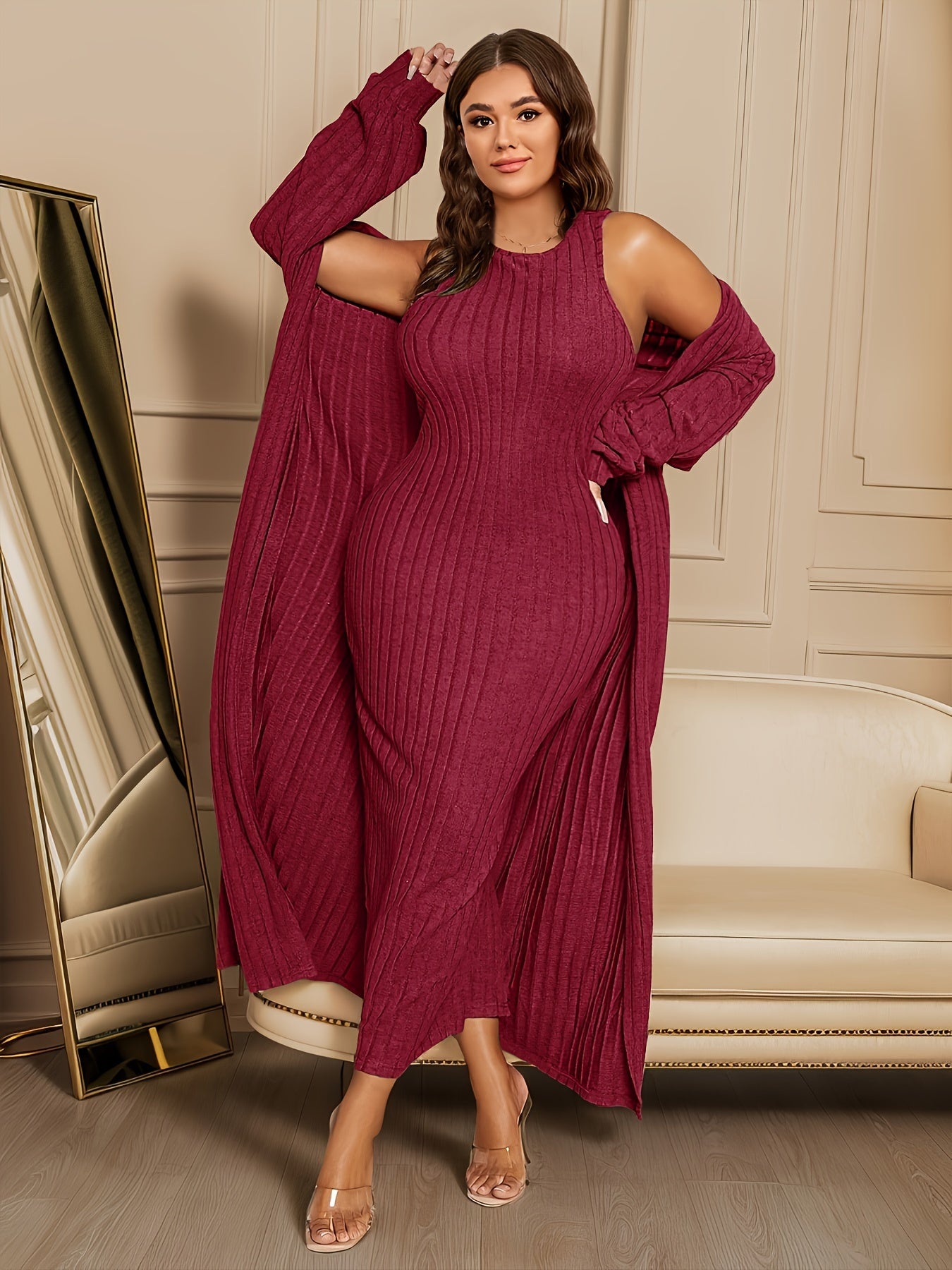 Large Ribbed Two-piece Set, Long Sleeved Cardigan And Sleeveless Formal Attire, Women's Curve Clothing