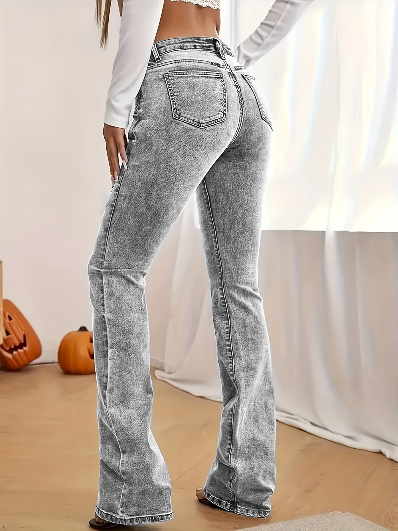Women'S Casual Skinny Flare Jeans, 70% Viscose 24% Polyester 6% Spandex, Long Length, Low Waist, Button Fly, Medium Stretch