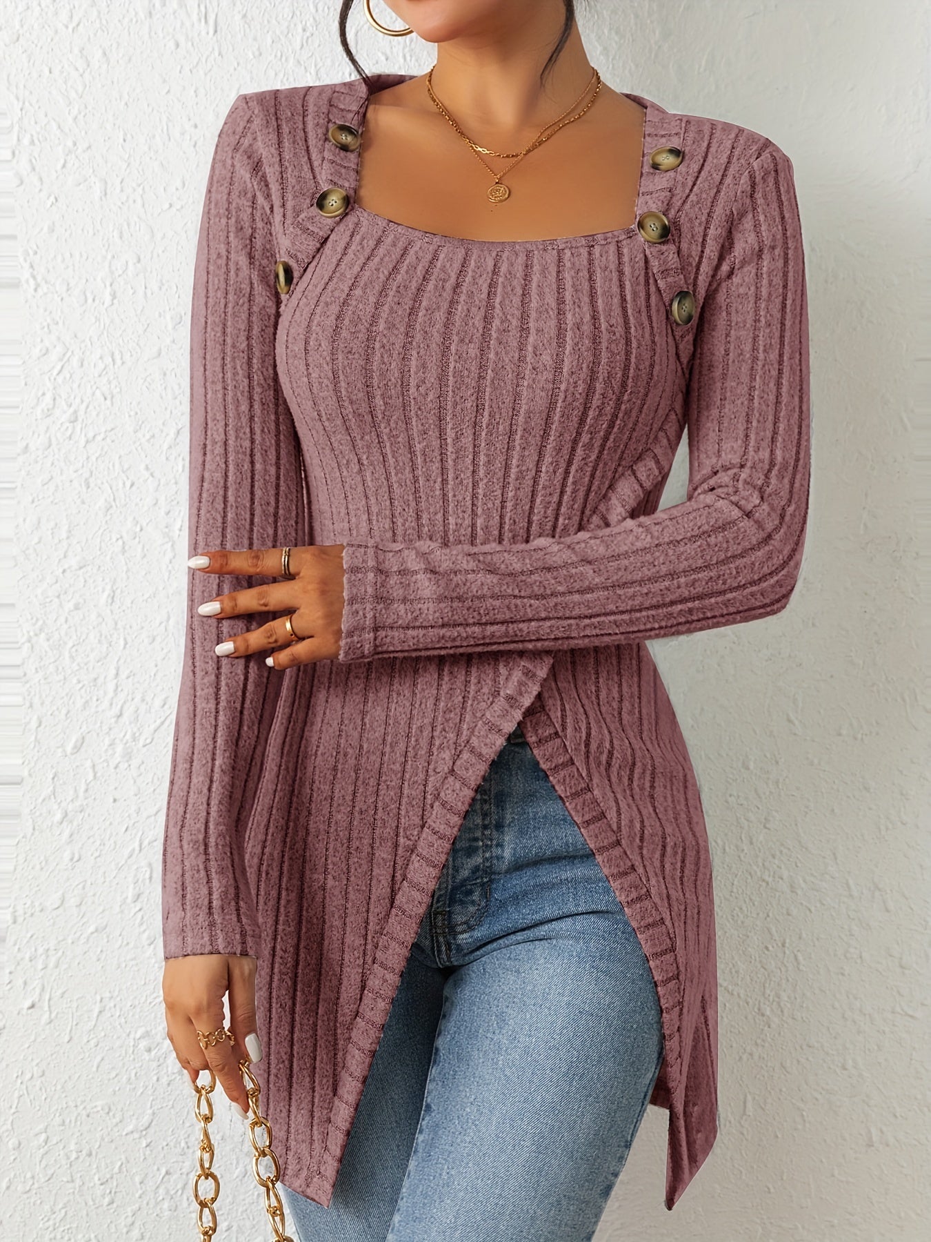 Chic Ribbed Long Sleeve Top with Unique Button Accent - Asymmetrical Hem - Perfect for Womens Spring & Fall Fashion