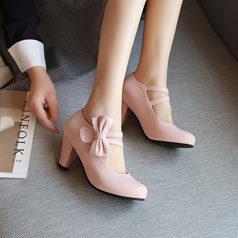 Chic Womens Bow Accent High Heel Pumps - Dashing Solid Colors, Chunky Comfort Heels for All-Occasion Glamour - Perfect Dress Shoes for Uniform Style