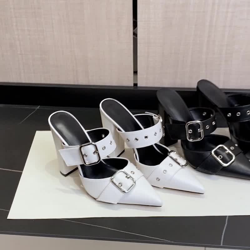 Elegant Women's Pointed Toe Mules with Chunky Heels & Rivet Embellishments - Easy Slip-On, Buckle Accent Dress Shoes for Chic Party Wear