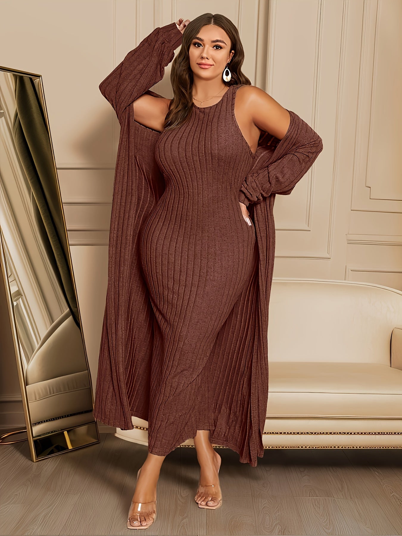 Large Ribbed Two-piece Set, Long Sleeved Cardigan And Sleeveless Formal Attire, Women's Curve Clothing