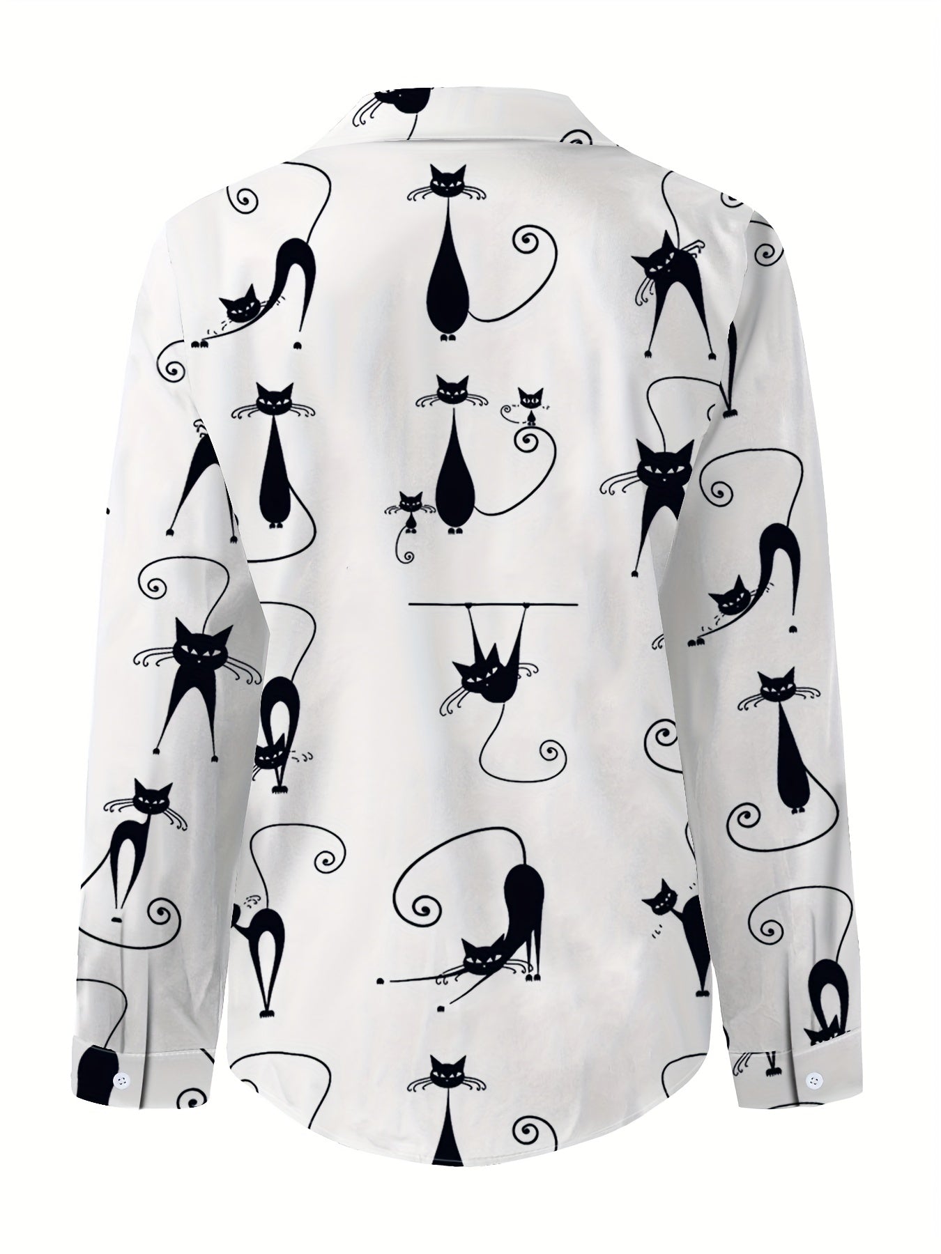 Charming Feline Print Shirt - Easy-Care Long Sleeve | Relaxed Fit with Front Buttons - Perfect for Casual Wear