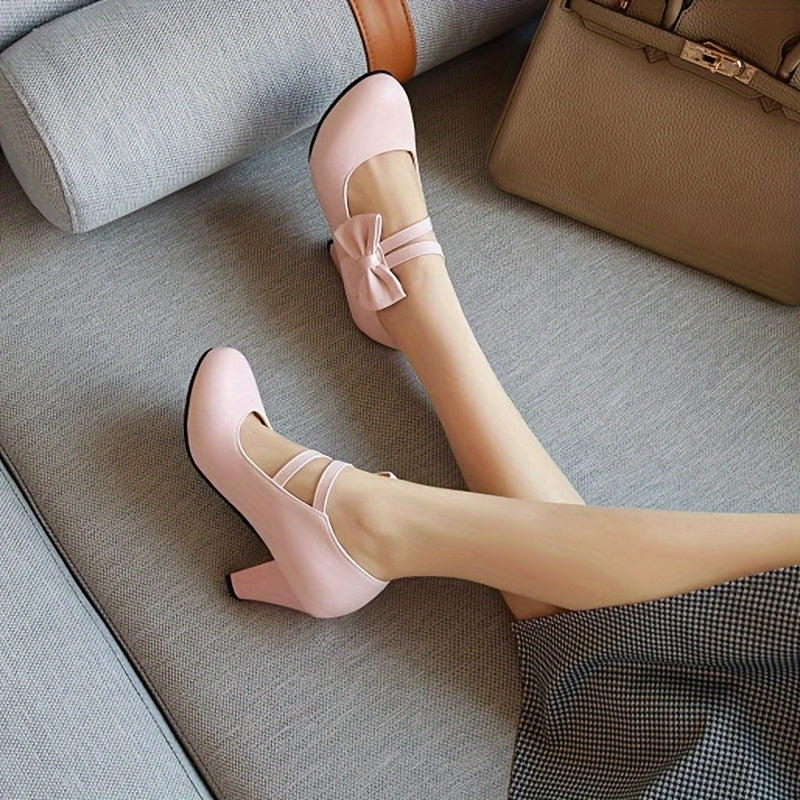 Chic Womens Bow Accent High Heel Pumps - Dashing Solid Colors, Chunky Comfort Heels for All-Occasion Glamour - Perfect Dress Shoes for Uniform Style