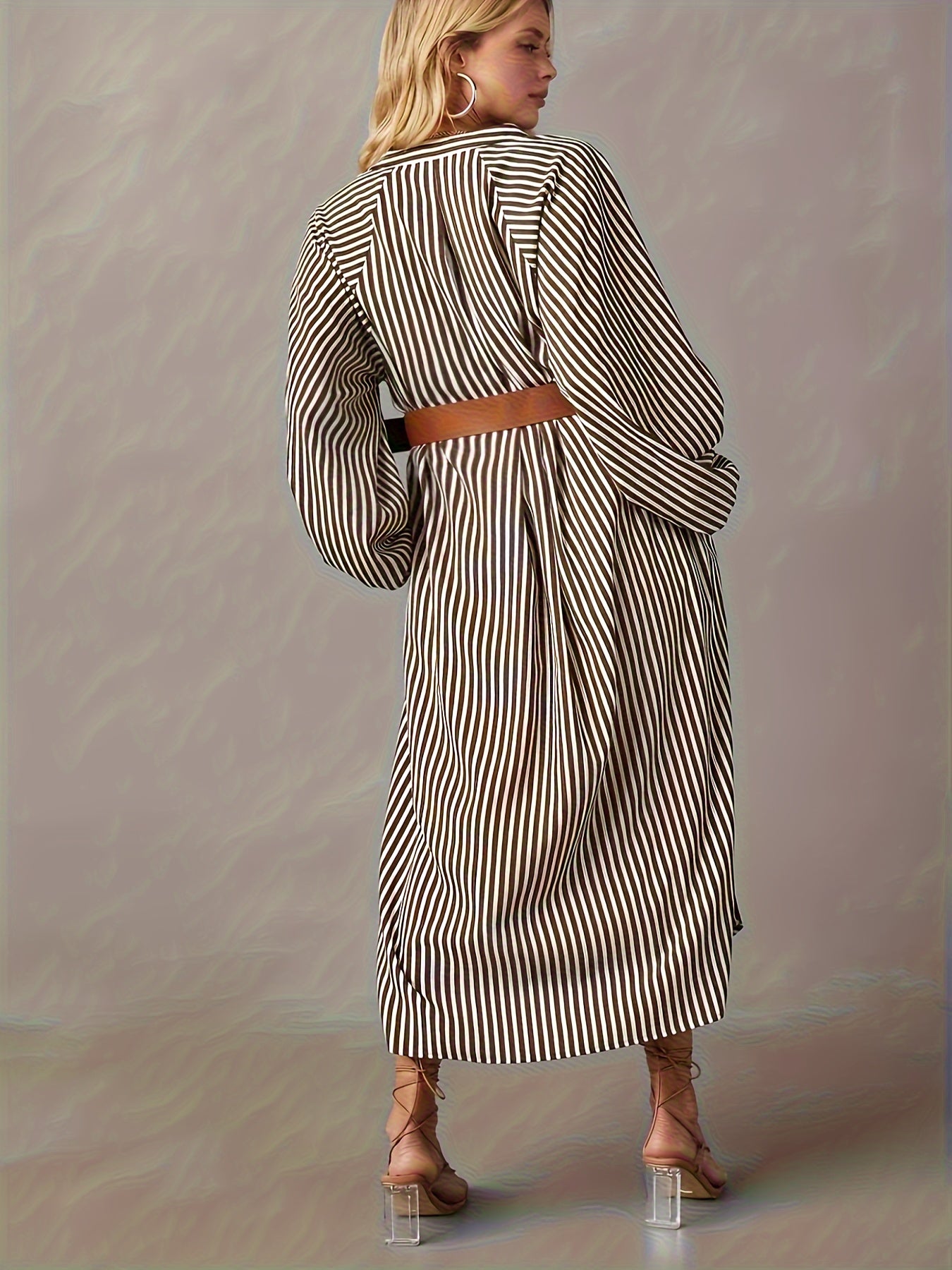 Plus Size Elegant Fitted Midi Dress - V-Neck Stripe Print Lantern Sleeve Linen Dress for Spring and Fall - Non-Stretch Woven Fabric with Random Printing