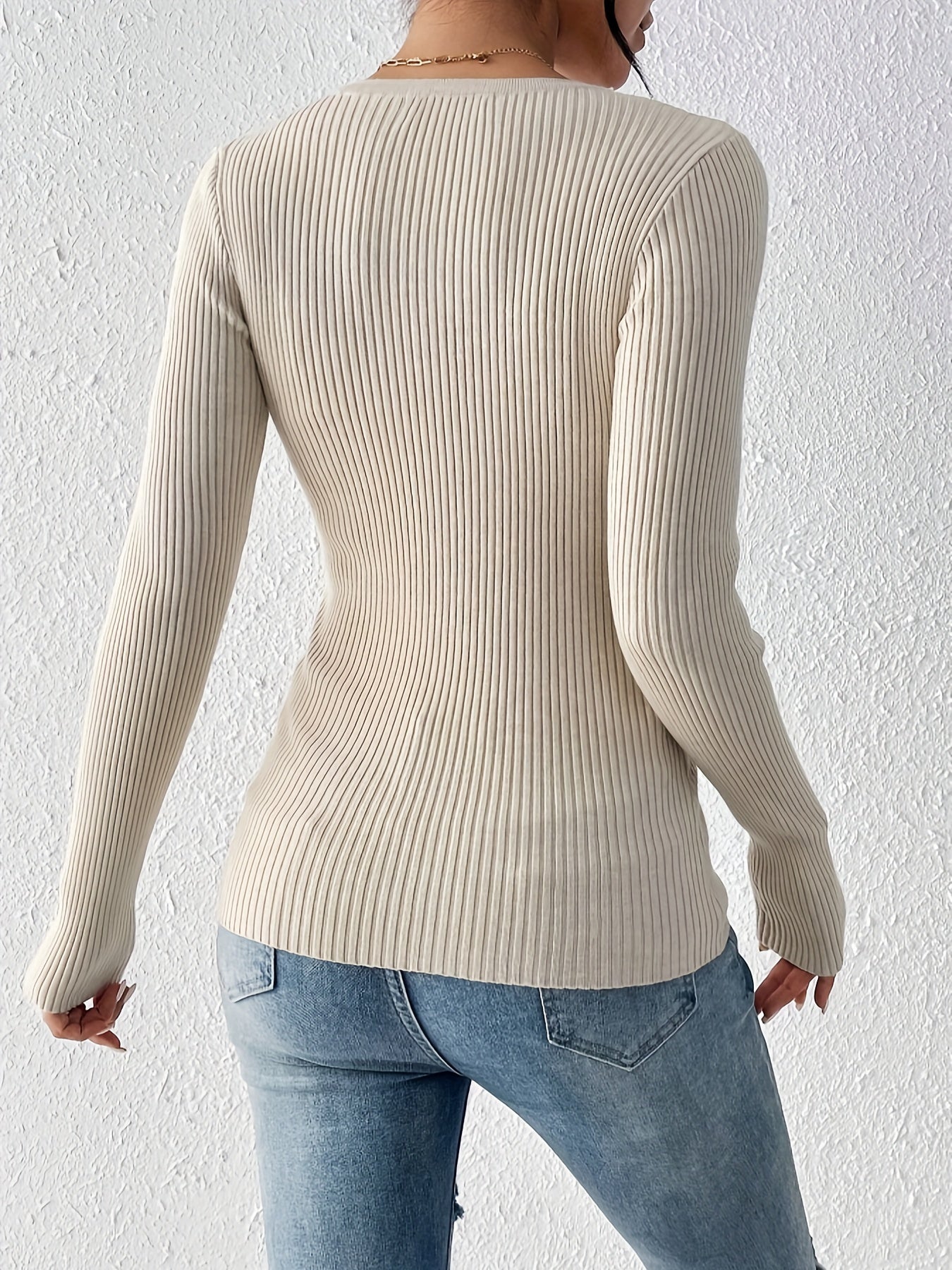 V-Neck Elegant Solid Ribbed Sweater