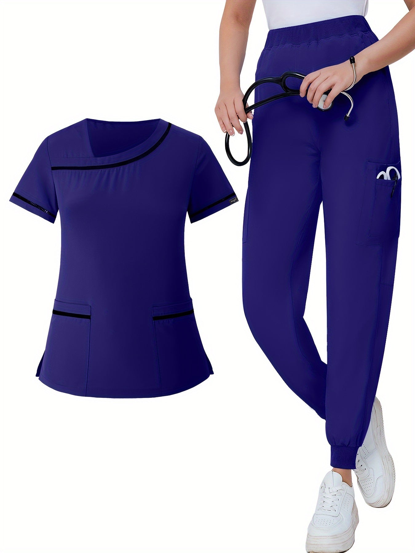 Two-Piece Solid Scrub Set - Functional Patched Pockets, Short Sleeve, Comfortable Medical Uniform for Women - Medical Care, Nursing, Hospital Wear