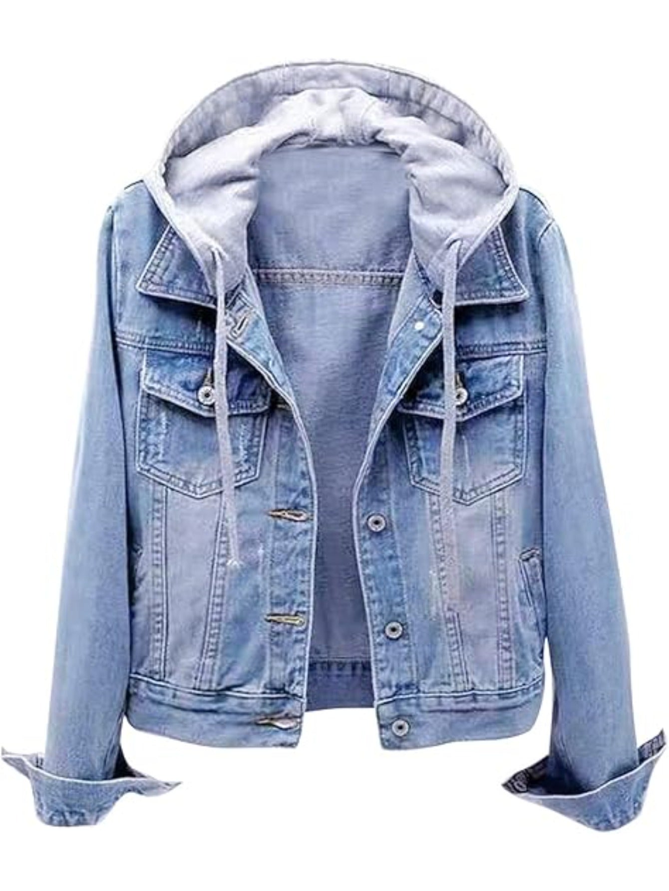 Women's Casual Denim Jacket with Detachable Hood - Button-Down, Fleece Lined for Warmth, Cotton Blend