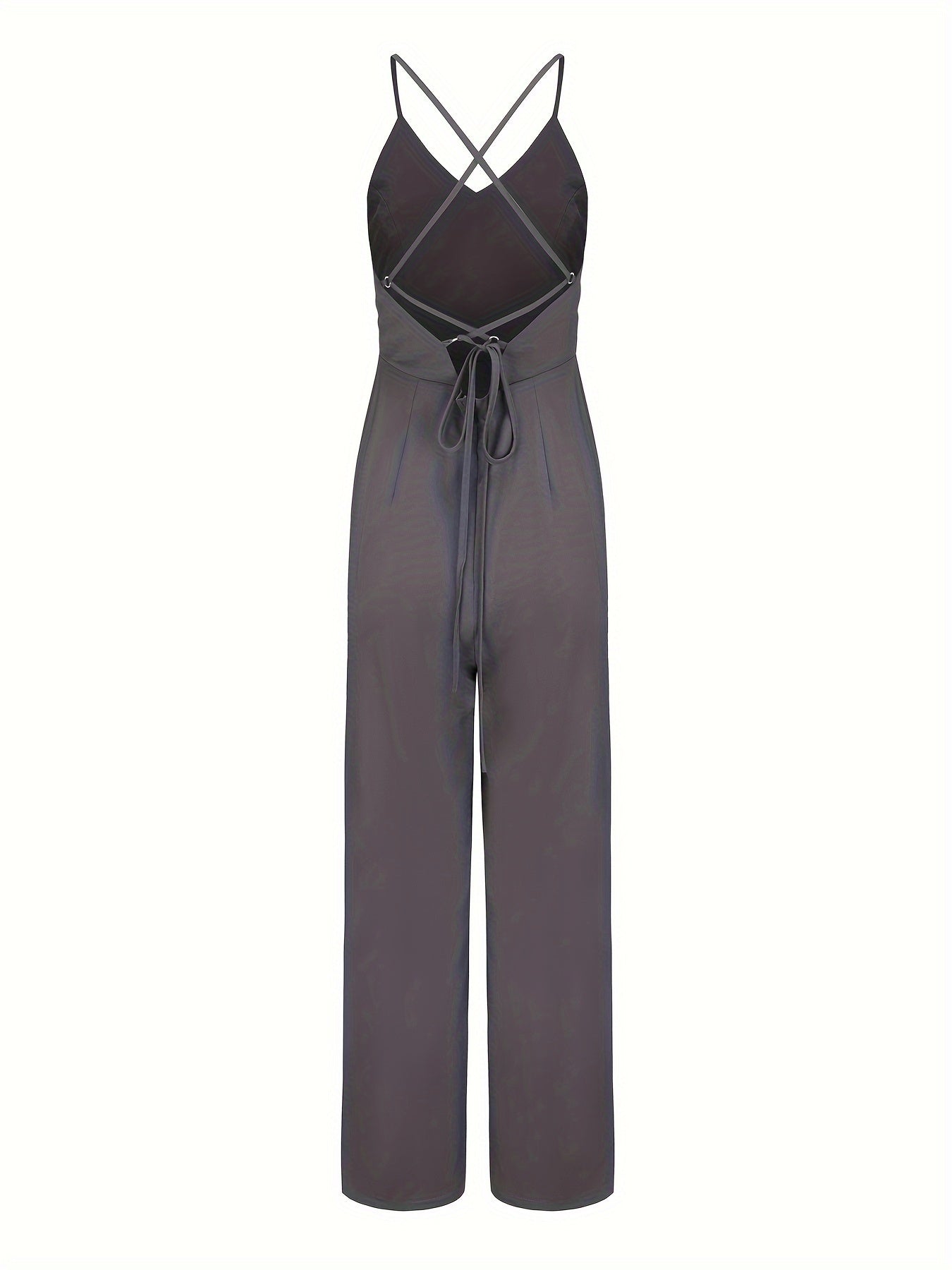 Cross Tie Back V-neck Jumpsuit, Sexy Solid Backless Jumpsuit