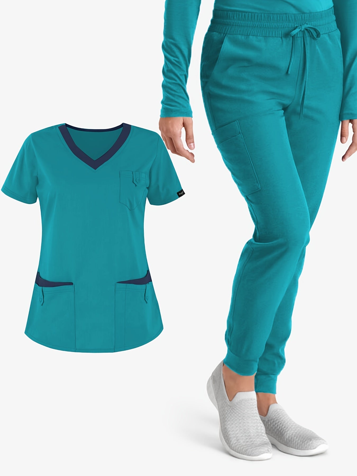 Female model wearing teal medical scrubs with matching V-neck top and jogger pants, featuring side pockets and comfortable fit