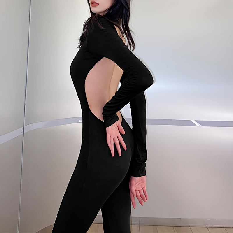 Black Simple Casual High Elastic Tight Sexy Backless Long-Sleeved Straight-Leg Wide-Leg Jumpsuit