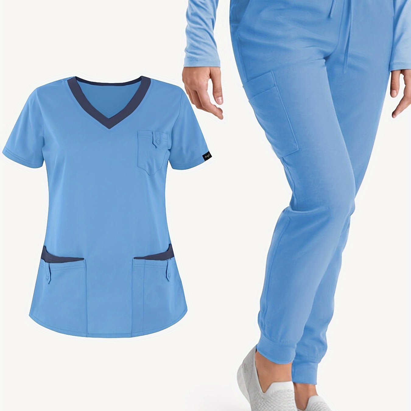 Blue medical scrubs set with top and jogger pants, featuring multiple pockets for convenience and comfort.