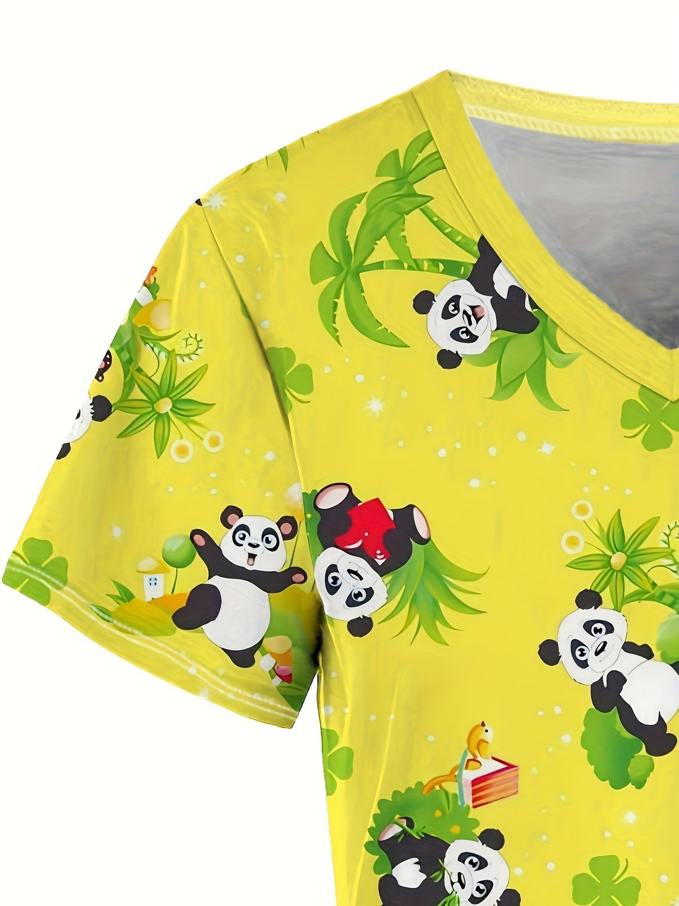 Yellow T-shirt with cute panda design and bamboo print in a vivid and playful style.