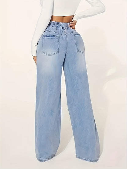 Soft Relaxed Fit Washed Denim Jeans - Elastic Waist, Drawstring Jeans - LuxyXO