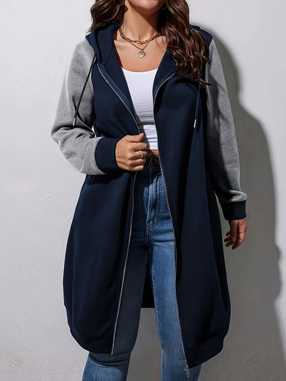 Plus Size Color Block Hooded Coat, Casual Drawstring Zipper Front Long Sleeve Outerwear For Fall, Women's Plus Size Clothing