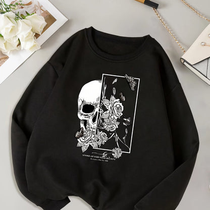 Sudadera informal holgada de manga larga con estampado de calavera y rosa blanca, sudadera con cuello redondo, sudaderas para mujer