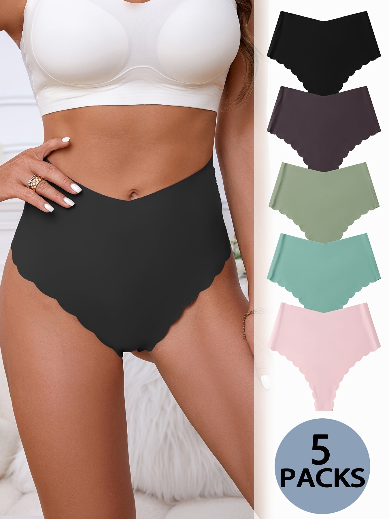 High-Waisted Seamless Scallop Trim Thongs - 5-Pack - LuxyXO