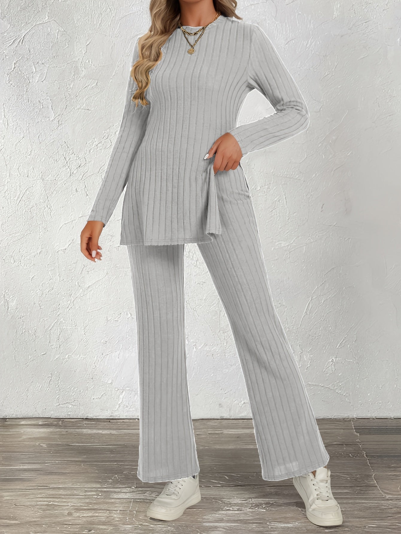 Trendy Two-Piece Ribbed Pantsuit Set - Long Sleeve Crew Neck Split Top & Strait Pants Outfit