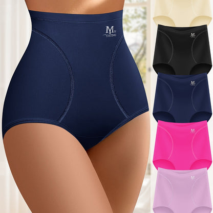 High-waisted shapewear panties in navy, black, beige, pink, and blue colors, providing tummy control and a smooth silhouette.