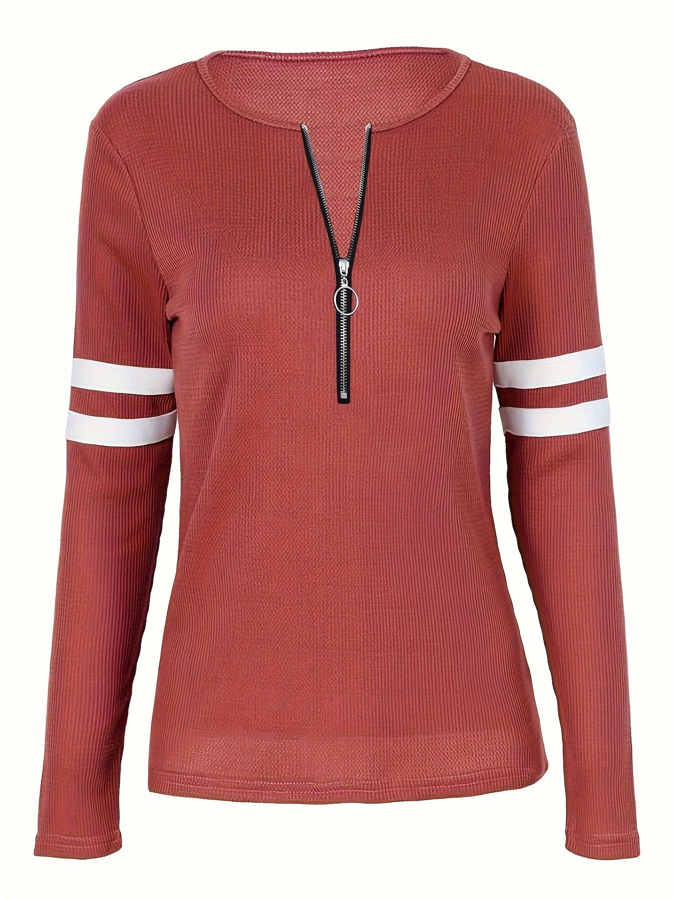 Rust-colored long sleeve shirt with front zipper and white stripes on sleeves