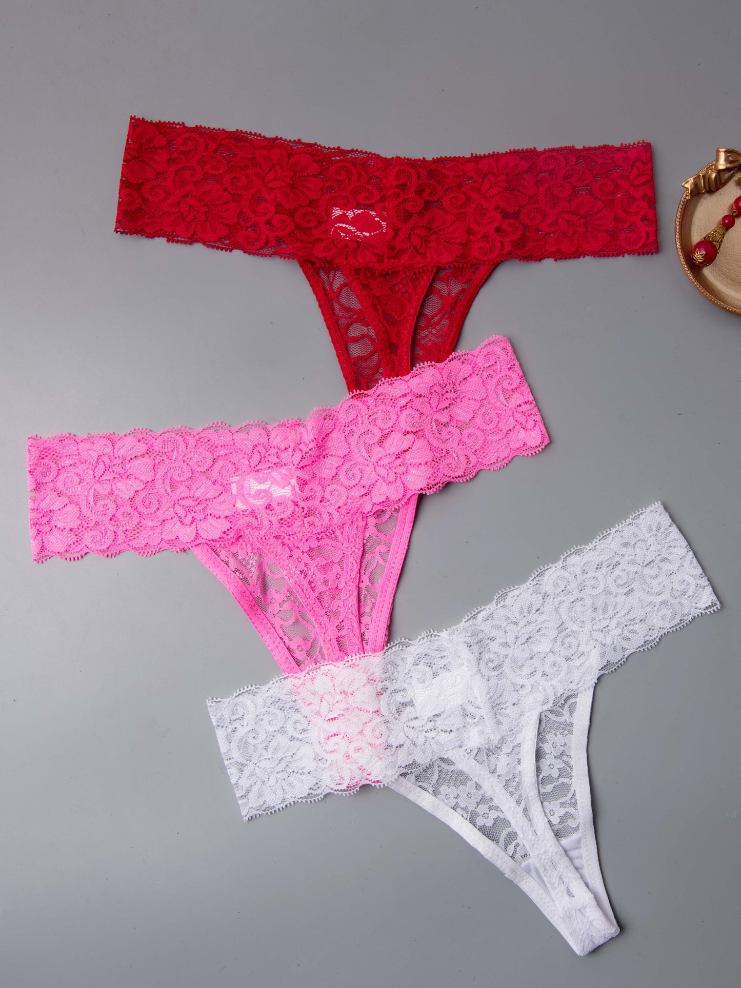 Sexy Low Waist Floral Lace Thongs - 3 Pcs Set - LuxyXO