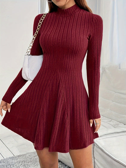 Elegant High Neck Ribbed Knit Dress for Women - Polyester Blend Winter Fitted Long Sleeve Solid Color Dress