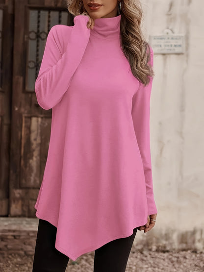 Plus Size Chic Tunic Top - Flattering Long Sleeves, Fashionable High Neck, Trendy Asymmetric Hem - Solid Color Casual Wear for Stylish Women