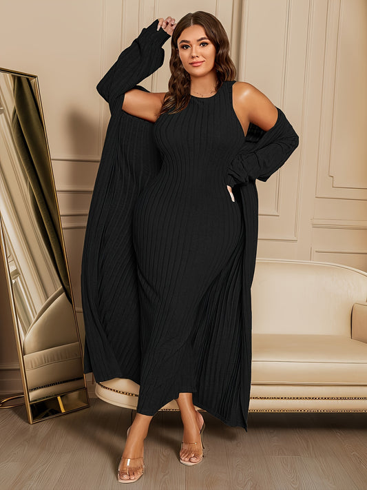 Large Ribbed Two-piece Set, Long Sleeved Cardigan And Sleeveless Formal Attire, Women's Curve Clothing