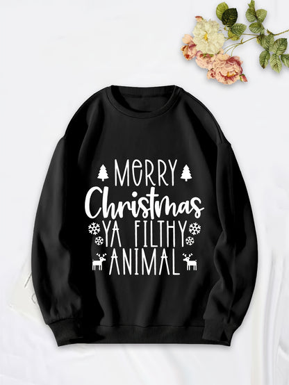 Cozy Holiday Graphic Sweatshirt for Women - Soft 100% Polyester Knitted Fabric, Long Sleeve Comfort Fit, Relaxed Crew Neck, Vibrant 'Merry Christmas Ya Filthy Animal' Print, Perfect for Fall and Winter Season Casual Wear